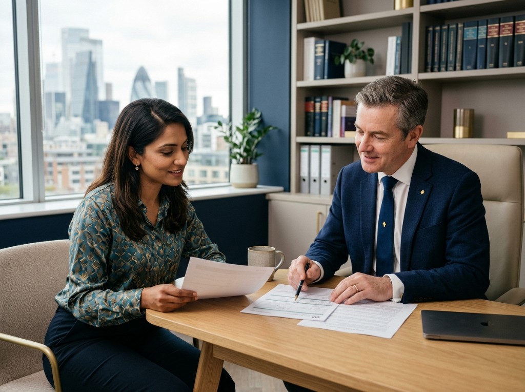 IR Immigration Law consultation — advisors reviewing documents together in a modern office